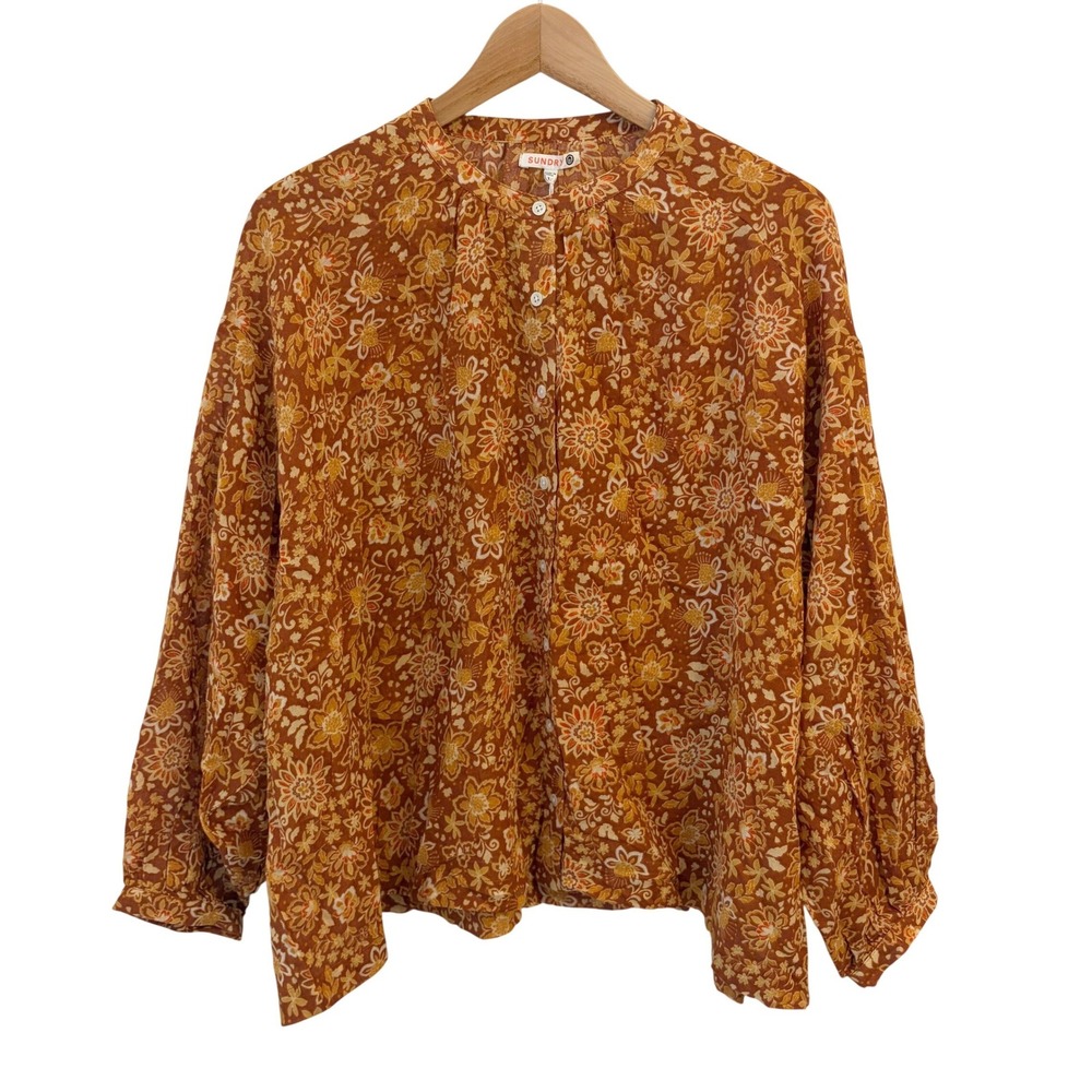 Sundry Puff Sleeve Button Front Blouse Top S Floral Boho Oversized Paisley NWT